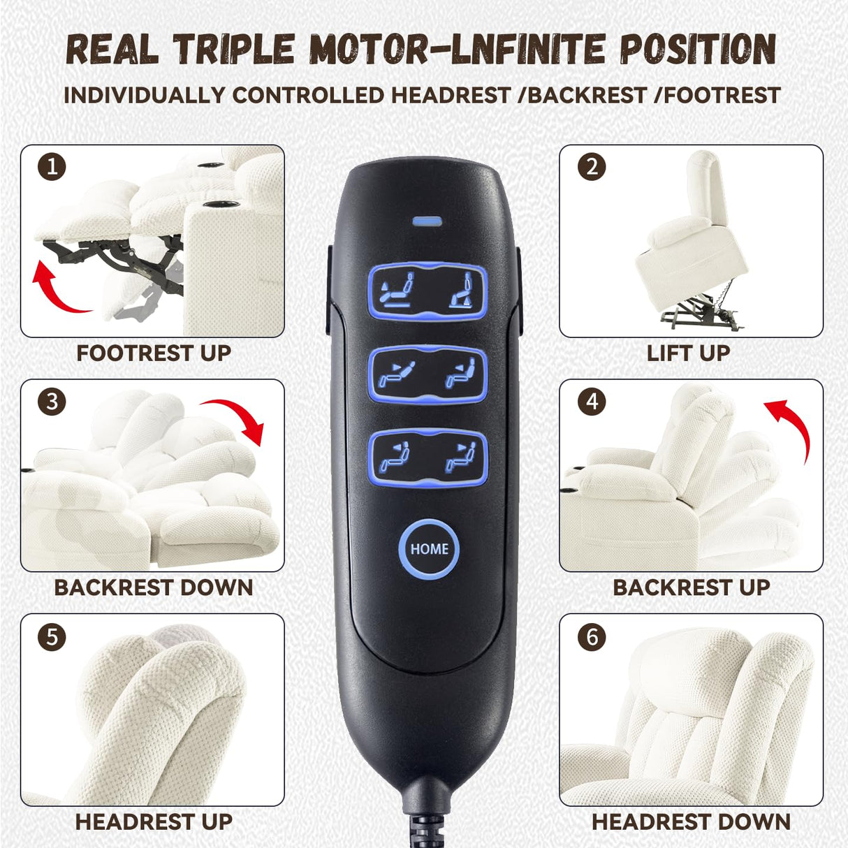 Neioml 3 Motor Large-Wide Lift Chair, Infinite Position, 180° Lay Flat, Power Lift Chairs Recliners for Elderly Big and Tall, Massage & Heat, Extended Footrest, Soft Plush Flannel (Cream White) Neioml