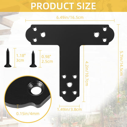 Rasugarlary Black T Bracket, 6 pcs T Post Brackets Pergola Post to Beam Connectors 4mm Thickness for Wood, Steel Repair Fixing Mending T Plate Bracket Flat Connector with Screws