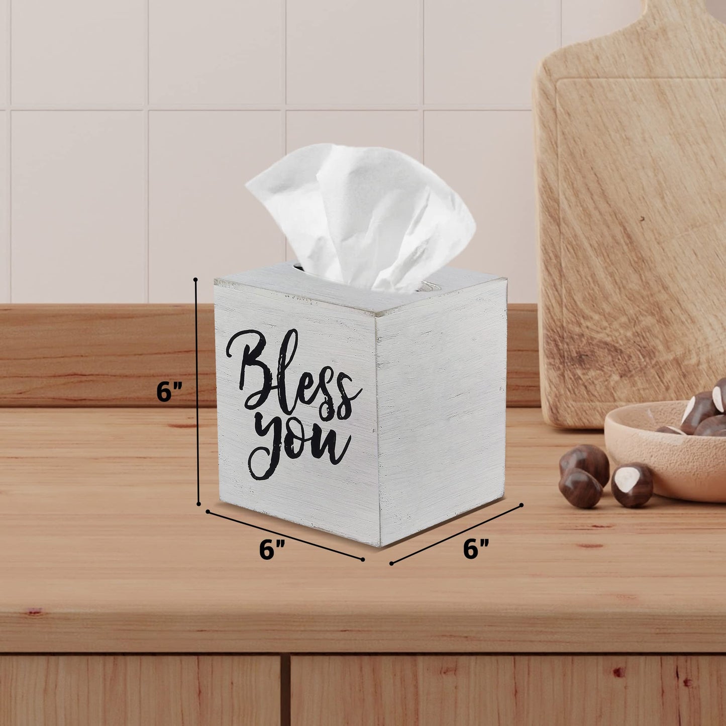 Young's Inc. Wood Bless You Tissue Box Cover - Tissue Holder for Farmhouse Bathroom Decor - Charming Rustic Bathroom Decor - 6" L x 6" W x 6" H