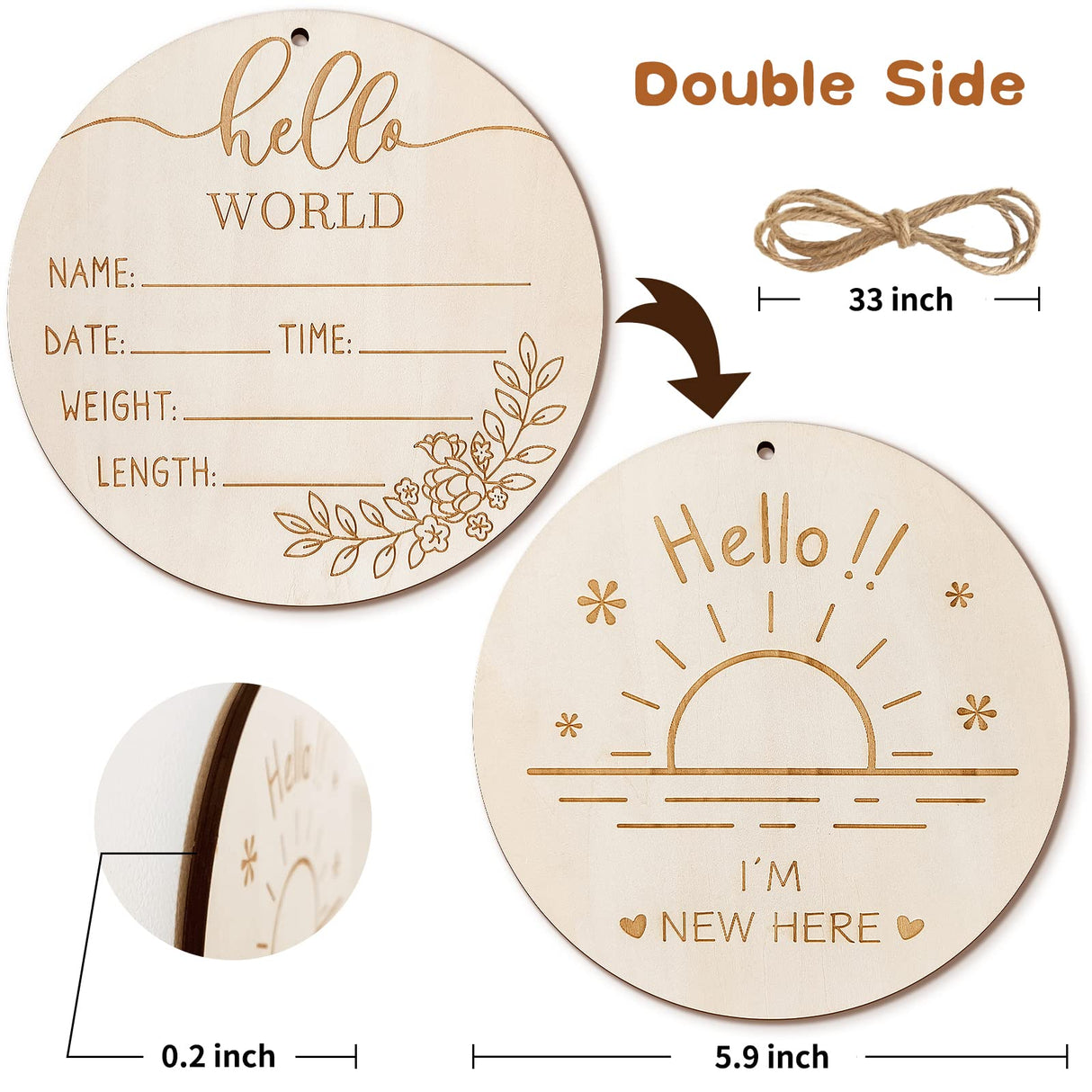ZIEYOMI Baby Announcement Sign, Wooden Baby Name Sign for Nursery, Hello World Newborn Sign, Birth Announcement Sign for Hospital, Welcome Baby Sign ZIEYOMI