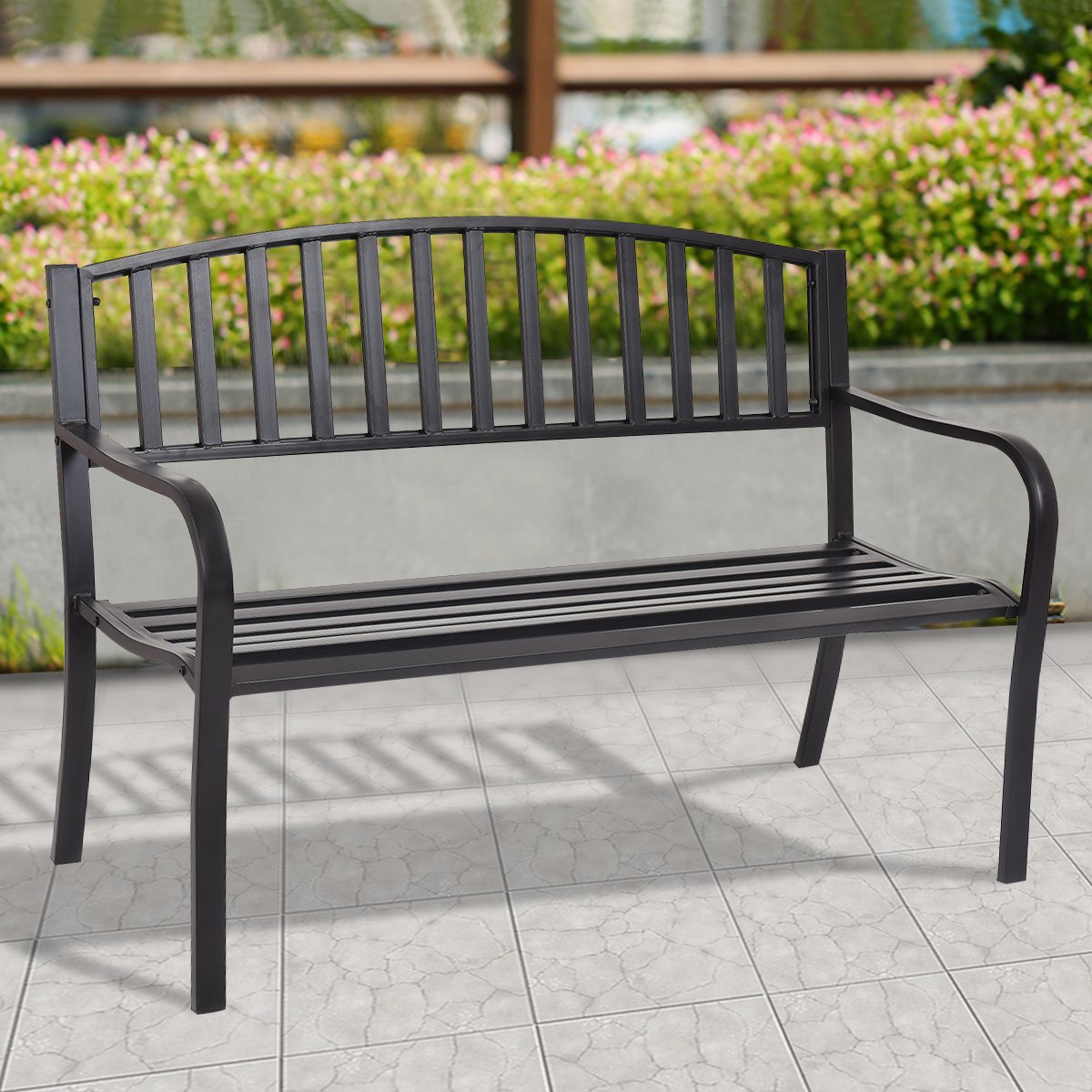 Giantex Outdoor Bench, 50” Patio Garden Bench with Steel Frame, Slat Design, 500 Lbs Weight Capacity, Patio Seating Bench for Porch, Backyard, Poolside, Outside Decor Furniture, Park Loveseat, Black Giantex
