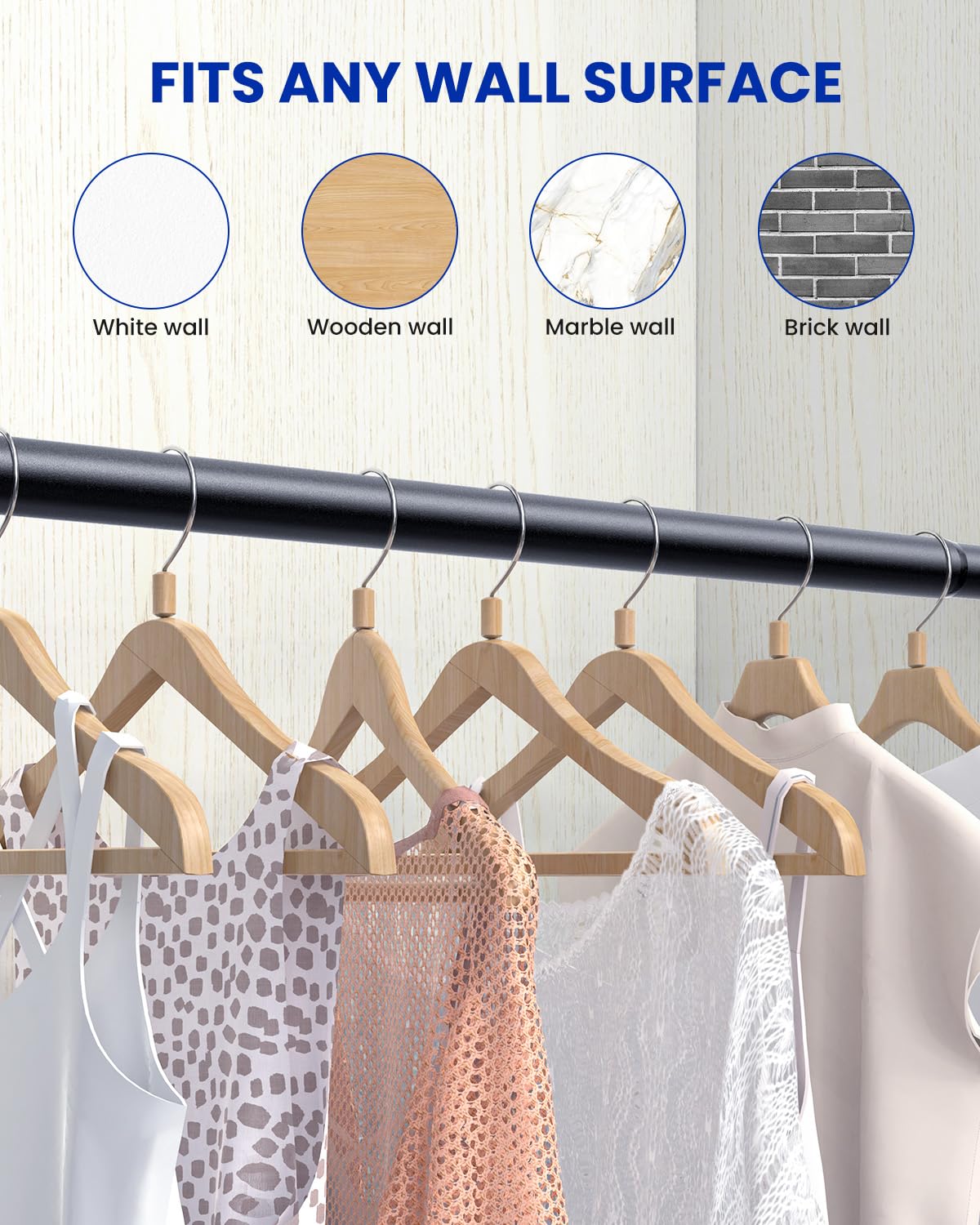 Closet Rods for Hanging Clothes, 17 to 84 Inches Stepless Adjustable Metal Closet Rod, 1.3 Inches Heavy Duty Clothes Hanging Rod for Closet Wardrobes Laundry RV Supforce