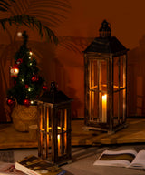 Large Farmhouse Wooden Decorative Lantern Set of 2, Rustic Distressed Brown Burnt Wood Floor Candle Lanterns, Indoor/Outdoor Hanging Lanterns for Home Decor (No Glass) TIMRIS