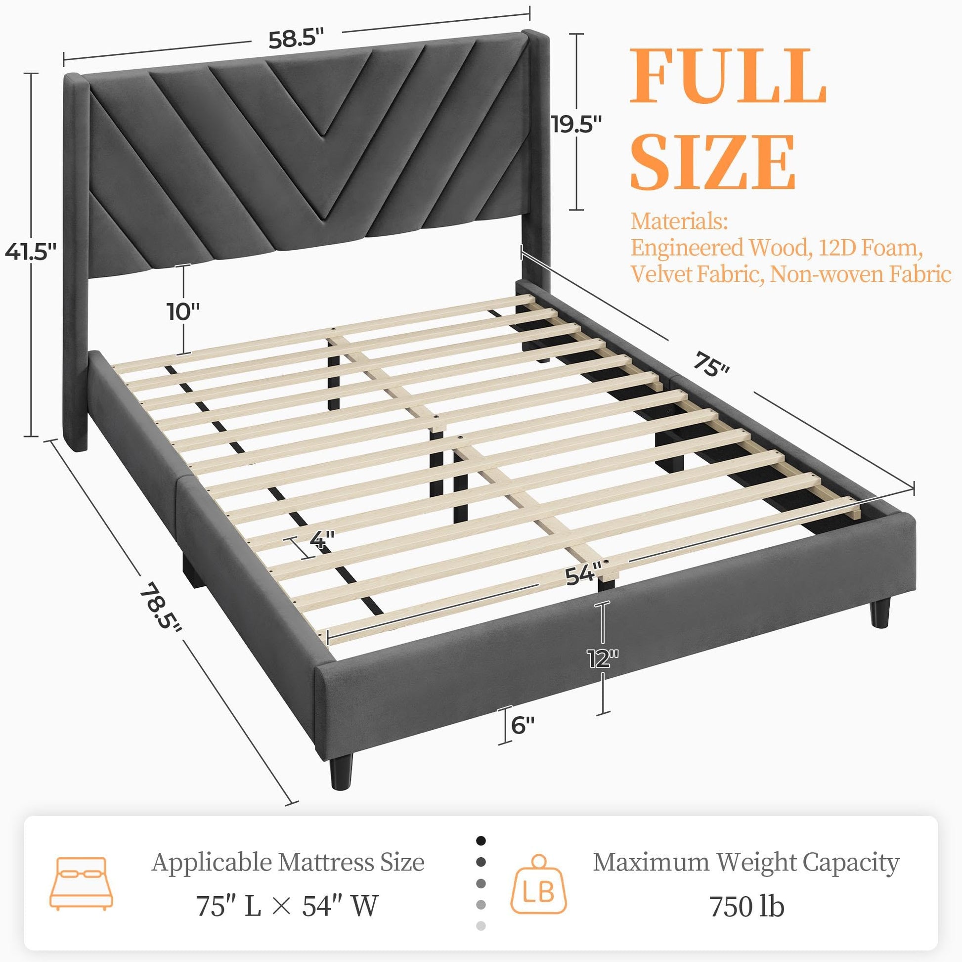 Upholstered Full Bed Frame with Winged Tufted Headboard in Dark Gray by Yaheetech - WoodArtSupply