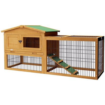 PawHut Rabbit Hutch, 2 Story Outdoor Bunny Cage with Slide-Out Tray, Run Cage, Openable Top for Rabbits, Guinea Pig, Yellow