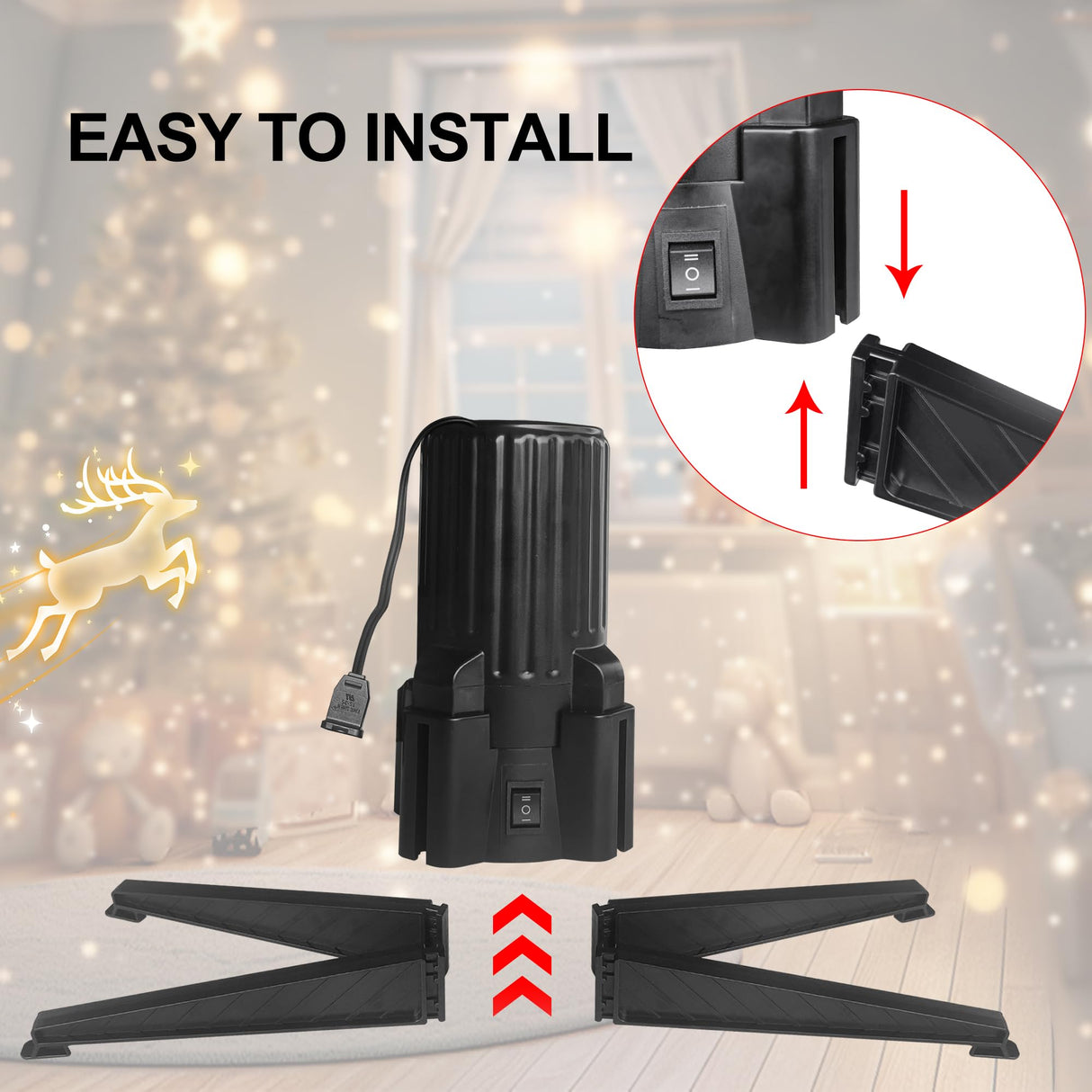 Stright 360-Degree Rotating Christmas Tree Stand, Adjustable Revolving Base for Tree Up to 7.5FT, Spinning Christmas Tree Stand with 2 Settings Trunk Diameter and One Built-in Electrical Outlet Stright