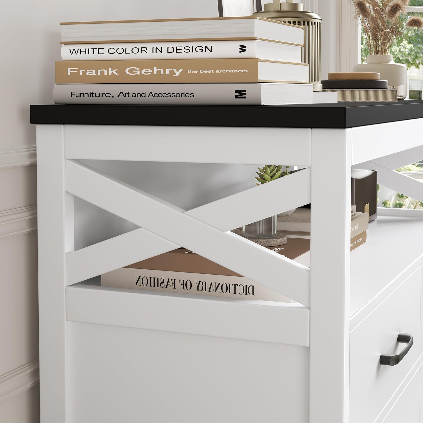 HOSTACK Modern Farmhouse Buffet Sideboard, Kitchen Storage Cabinet with Shelves and Doors, Wood Buffet Cabinet with Drawers, Coffee Bar, Floor Cabinet Cupboard for Living Room, White+Black - WoodArtSupply