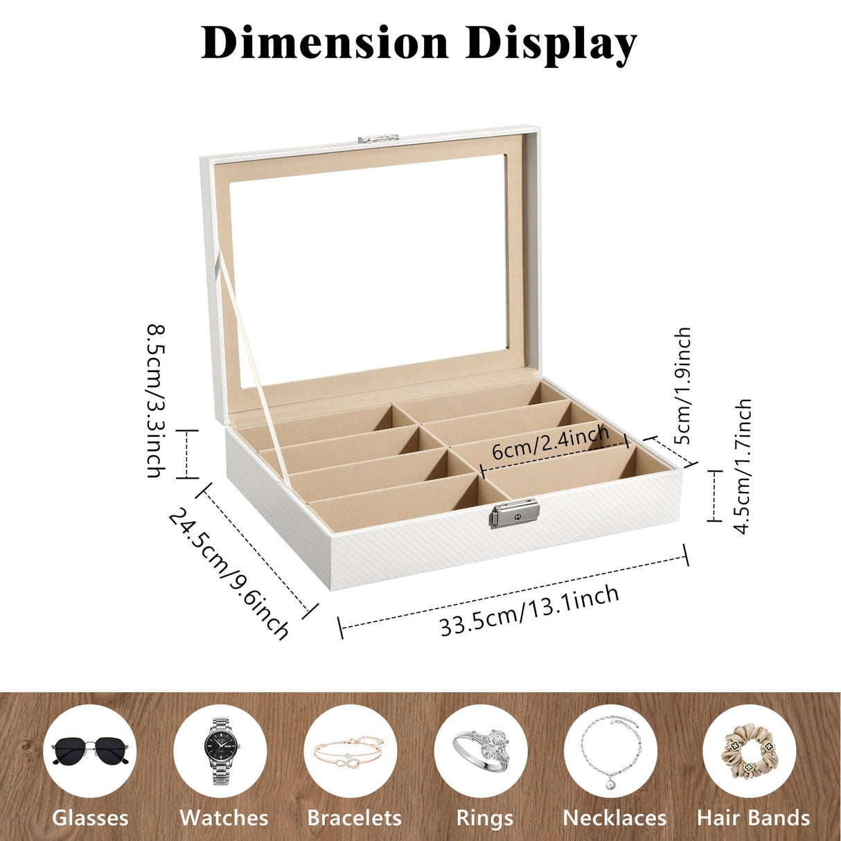 MoKo Sunglasses Organizer with 8 Slots, Leather Sunglass Display Collection Holder Case with Drawer Clear Glass Lid, Lockable Eyeglass Glass Jewelry Watch Storage Box for Women Men, White MoKo