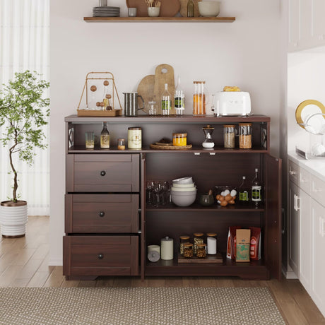 47" Dark Brown Farmhouse Storage Cabinet with Barn Doors and Drawers, Sideboard Buffet Cabinet with Storage, Kitchen Pantry Hutch, Coffee Bar Station Table for Kitchen, Living, Dining Room FiveWillowise