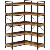 Rolanstar Bookshelf 5 Tier with 4 Hooks, Reversible Corner Bookshelf, 65" Industrial Wooden Bookcase with Open Shelves and Metal Frame for Living Room, Bedroom, Home Office, Rustic Brown Rolanstar