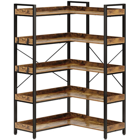 Rolanstar Bookshelf 5 Tier with 4 Hooks, Reversible Corner Bookshelf, 65" Industrial Wooden Bookcase with Open Shelves and Metal Frame for Living Room, Bedroom, Home Office, Rustic Brown Rolanstar