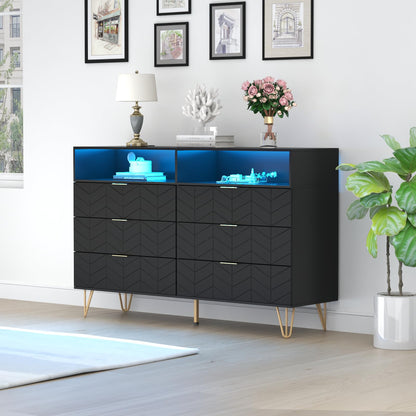 Loomie 6 Drawers Double Dresser with Power Outlet & LED Light,Black Long Dresser Chests of Drawers with Storage Cubby,Wood Wide TV Dresser Stand for up to 55" for Bedroom,Hallway,Entryway - WoodArtSupply