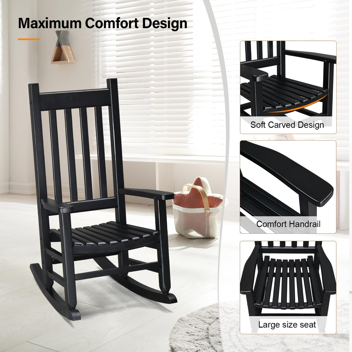 VINGLI Outdoor Child’s Rocking Chair, All Weather Wooden Rocking Chair with High Backrest, Patio Rocker for Garden, Yard, Balcony, Wooden Rocker for 3-9 Years Old, Black VINGLI