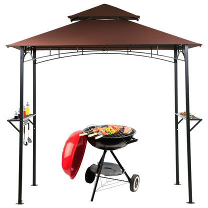 8' x 5' Grill Gazebo BBQ Canopy Double Tiered Outdoor Grill Tent w/Air Vent and Shelves, Steel Frame Patio Barbecue Gazebo Canopy Tent Hardtop Sun Shade Shelter for Backyard, Lawn, Garden, Picnic