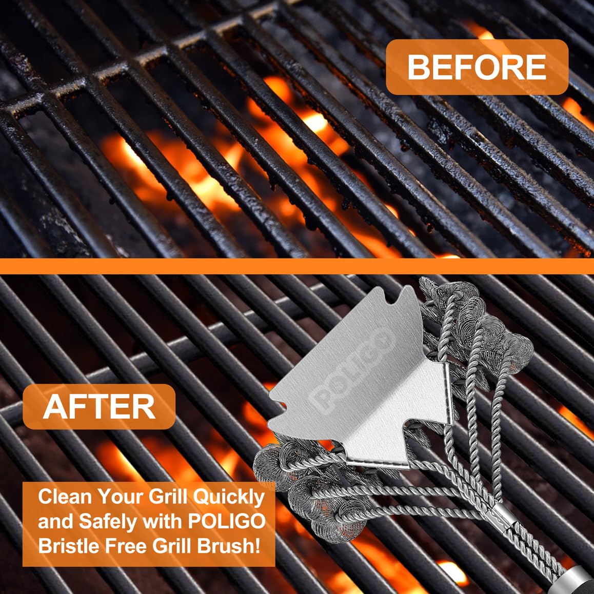 POLIGO BBQ Grill Cleaning Brush Bristle Free & Scraper - Triple Helix Design Barbecue Cleaner - Non-Bristle Grill Brush and Scraper Safe for Gas Charcoal Porcelain Grills - Ideal Grill Tools Gift