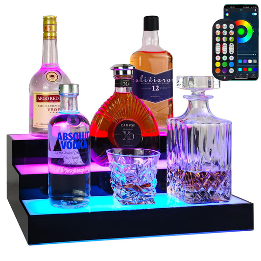 GOH&FTY LED Lighted Liquor Bottle Display Shelf,APP 16inche 3Step LED Bar Shelf with Wireless Remote& Multicolor LED Light ,Liquor Cabinet for Home Bar Accessories decor,--16inche3 Tier - WoodArtSupply