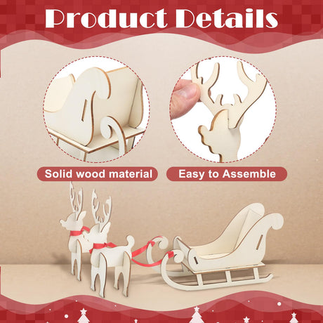 Motiskyy 3 Set DIY Wood Christmas Crafts Kits Unfinished Sleigh and Reindeer Miniature Wooden Model 3D Painting Wooden Sleigh Decorations for Xmas Home Decor Craft Supplies Motiskyy