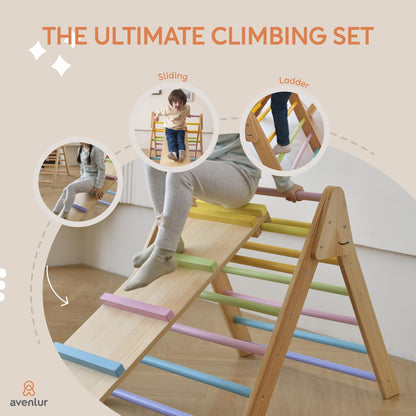 Avenlur Olive 3 in 1 Foldable Triangle Ladder and Slide - Montessori Climbing Set - Indoor Wood Climbing Gym for Children Ages 1 to 6 Years - Baby Climbing Triangle (Colorful, Large)