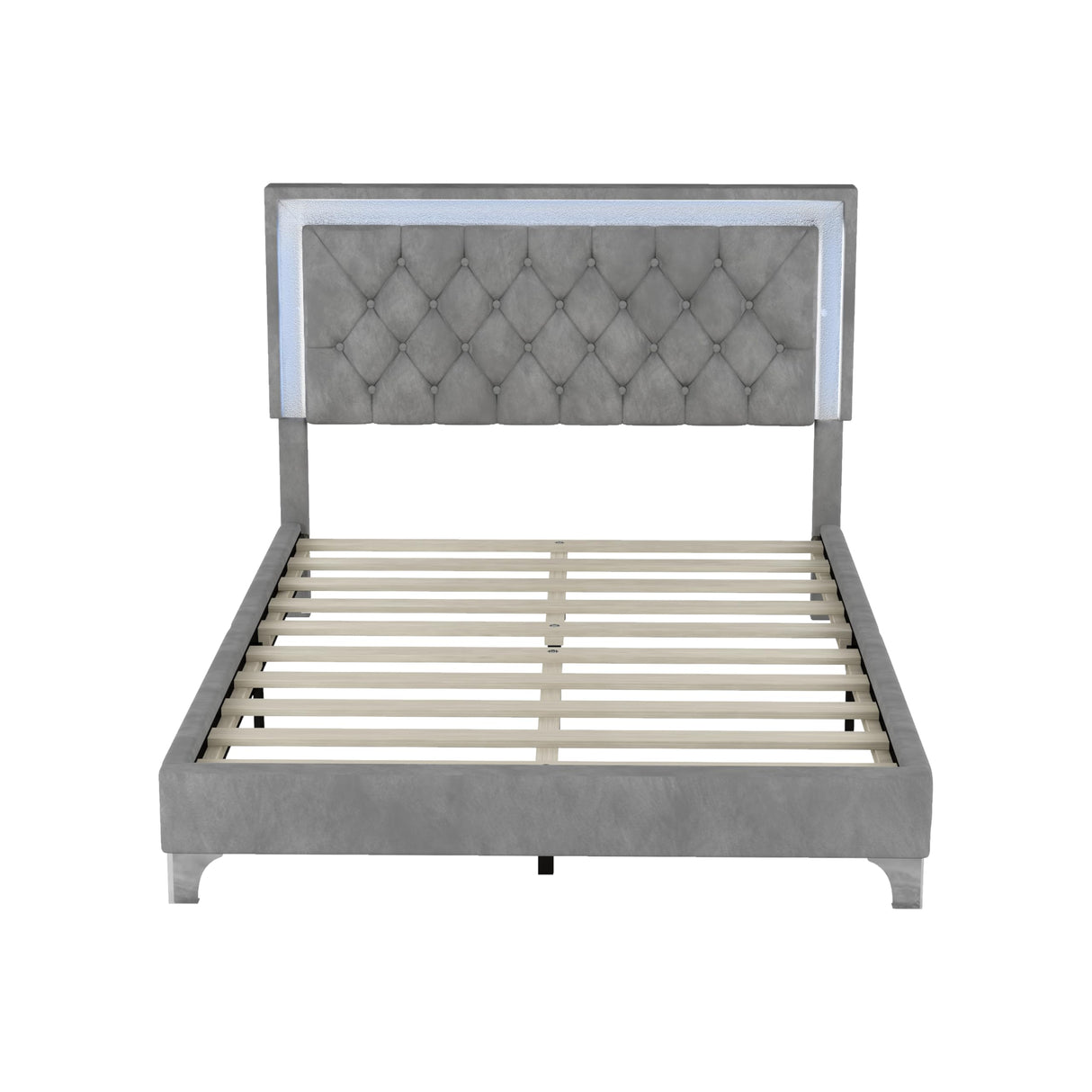 HomSof Modern Grey Velvet Platform Bed Frame with LED Lights and Tufted Headboard HomSof