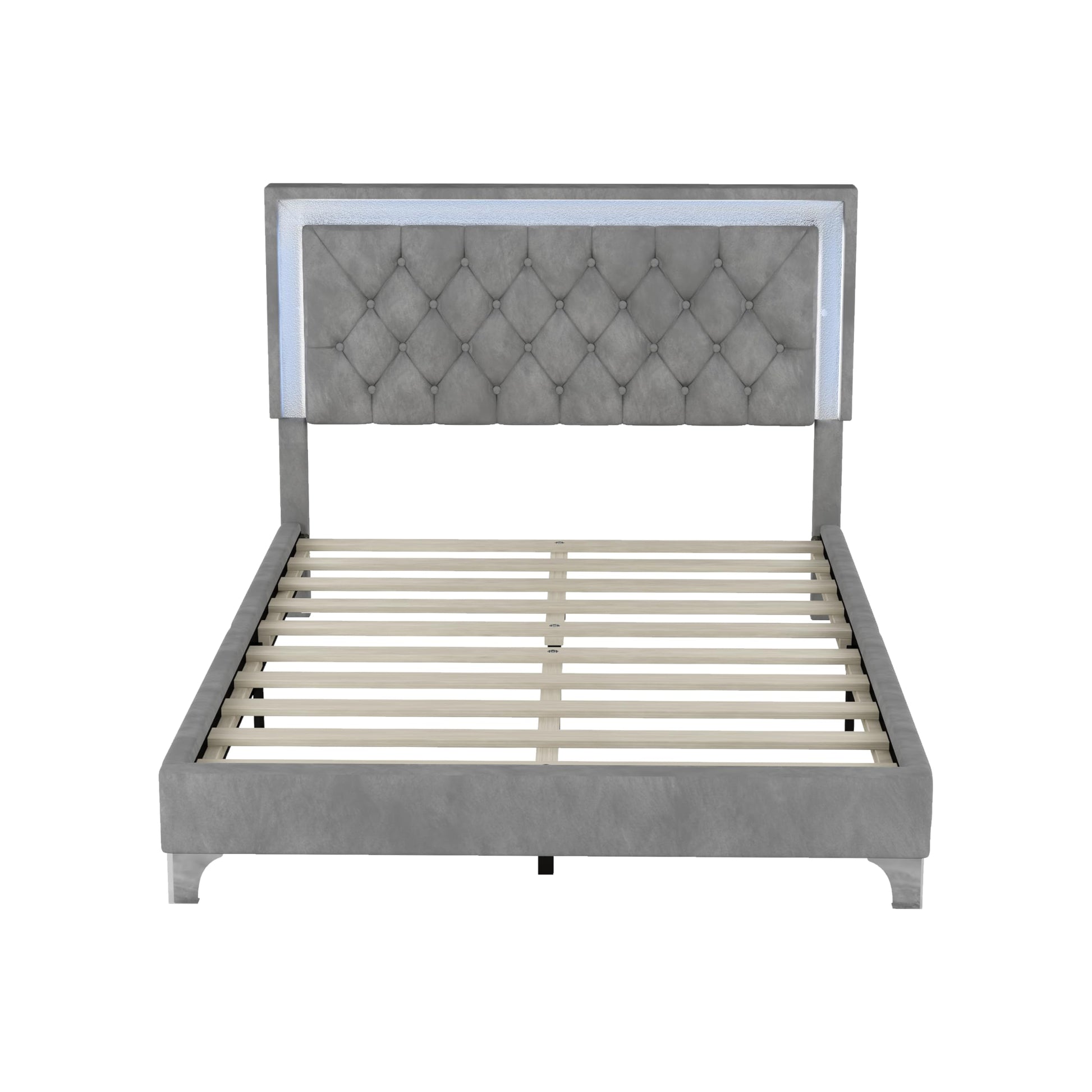 HomSof Modern Grey Velvet Platform Bed Frame with LED Lights and Tufted Headboard - WoodArtSupply