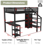 Full Size Loft Bed with Desk and Storage Stairs,Metal Full Loft Bed Frame with Wardrobe and Shelf, High Loft Bed with LED Light and USB Charging Station for Kids, Teens, Adults, Black Mirightone
