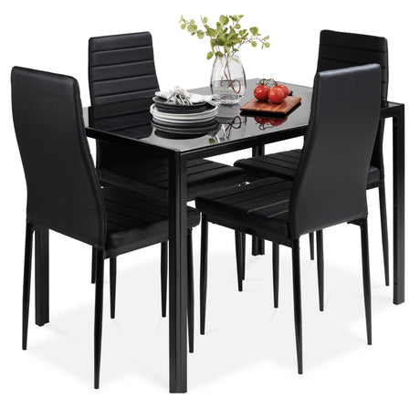 Best Choice Products 5-Piece Glass Dining Set, Modern Kitchen Table Furniture for Dining Room, Dinette, Compact Space-Saving w/Glass Tabletop, 4 Upholstered PU Chairs, Metal Steel Frame - Black Best Choice Products