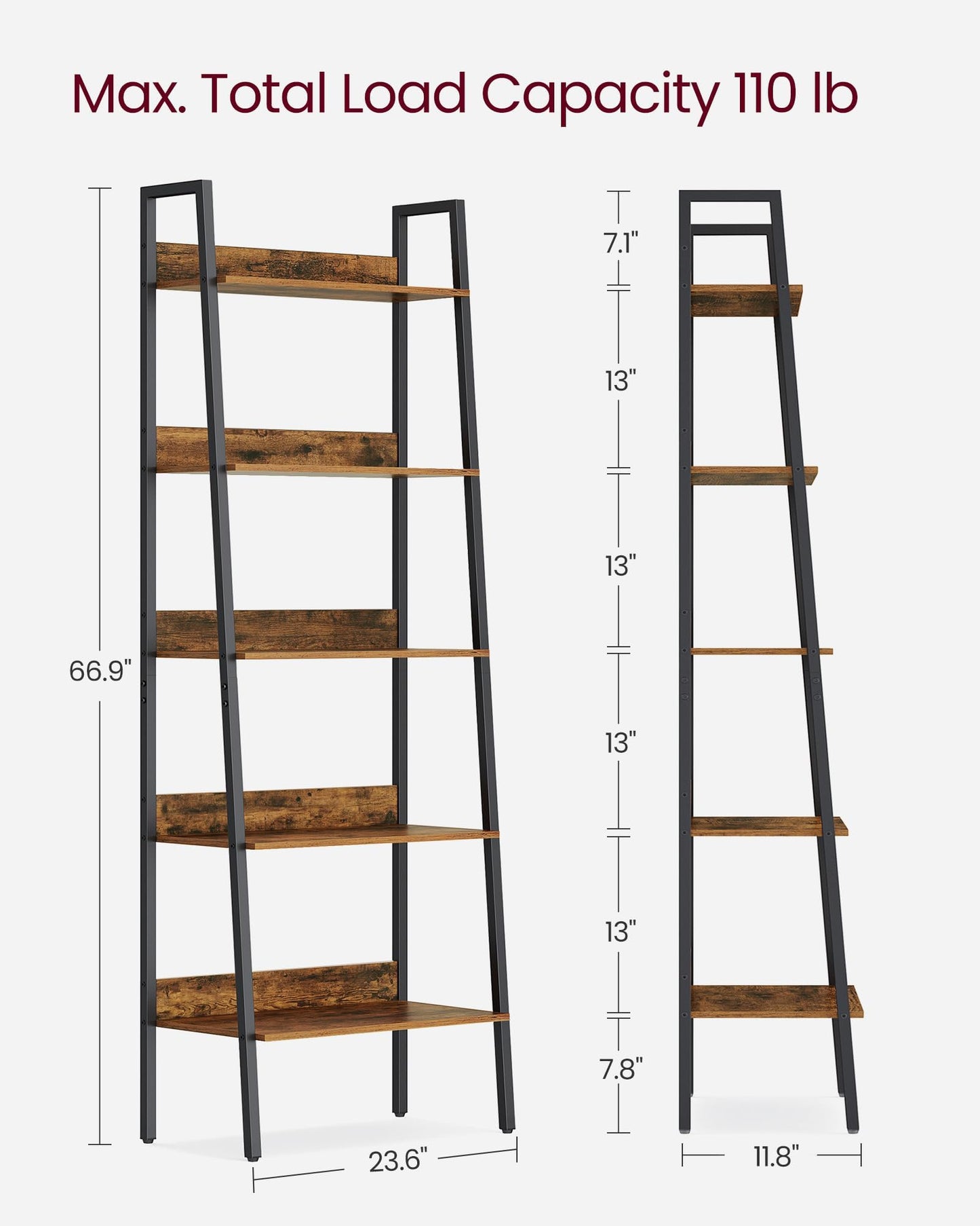 VASAGLE Bookshelf, 5-Tier Narrow Bookcase, Ladder Shelf for Home Office, Living Room, Bedroom, Kitchen, Rustic Brown and Ink Black ULLS067B01