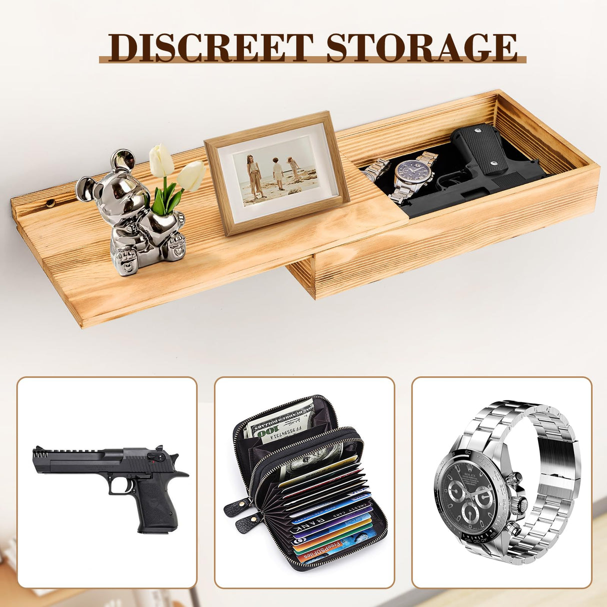 Hidden Gun Storage Shelf-14.4" x 7.7" x 2.75" Rustic Concealment Shelf Concealment Compartment Furniture Hidden Gun Safe Wall Decor for Home Security, Oak Color Dononr