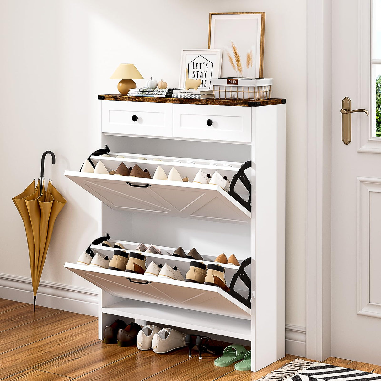 oneinmil Shoe Storage Cabinet, Farmhouse Shoes Organizer with 2 Flip Drawers & 2 Sliding Drawers, Freestanding Narrow Shoe Rack Cabinet for Entryway, Hallway, Living Room, White oneinmil