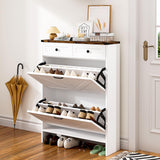 oneinmil Shoe Storage Cabinet, Farmhouse Shoes Organizer with 2 Flip Drawers & 2 Sliding Drawers, Freestanding Narrow Shoe Rack Cabinet for Entryway, Hallway, Living Room, White oneinmil