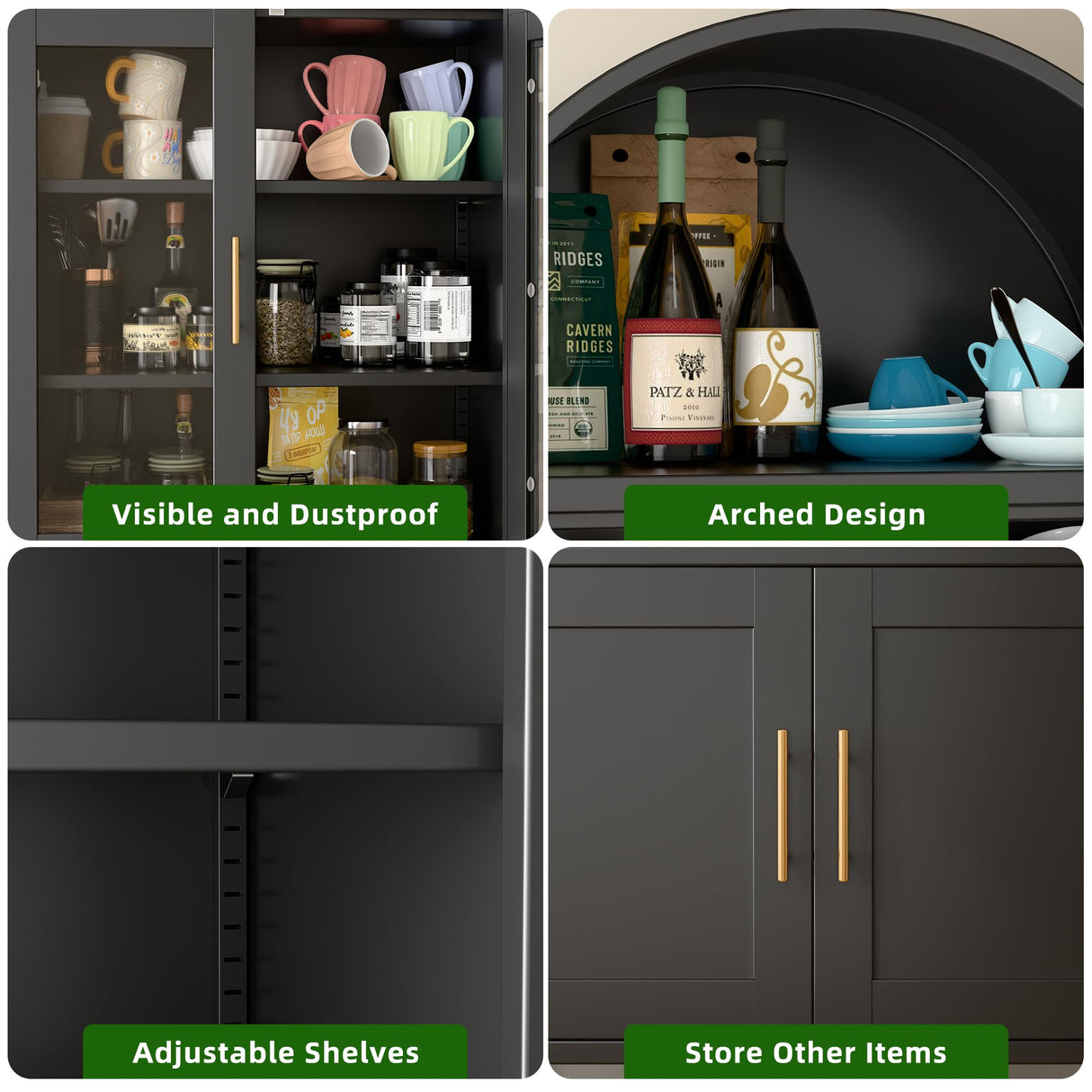 JAORD Metal Arched Cabinet, 73'' Arched Kitchen Pantry Storage Cabinet with Doors/Shelves, Black Arched Bookcase Display Cabinet for Home Office Bar Living Room, Assemble Require JAORD