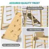 BlueWood Upgraded Indoor Playground 9-in-1 Jungle Gym Kids Climbing Toys, Waldorf Style Wooden Climber Playset with Slide, Swing, Monkey Bars, Upright/Rope Ladder, Climb Net, Natural Wood BlueWood