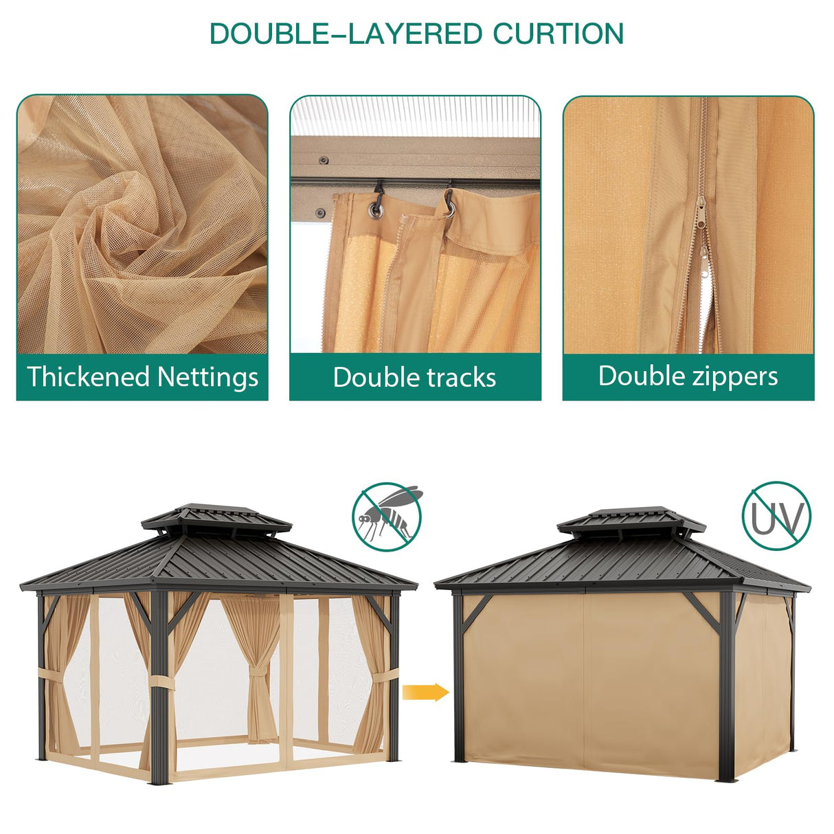 GarveeLife 10x12ft Double Roof Hardtop Gazebo, Heavy Duty Galvanised Steel Hardtop Pavilion with Nettings and Curtains, Metal Roof Gazebo for Patio, Terrace, Lawn and Deck, Brown GarveeLife