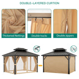 GarveeLife 10x12ft Double Roof Hardtop Gazebo, Heavy Duty Galvanised Steel Hardtop Pavilion with Nettings and Curtains, Metal Roof Gazebo for Patio, Terrace, Lawn and Deck, Brown GarveeLife