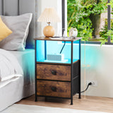 LOAKEKEL Night Stand Set 2, LED Nightstand with Charging Station, End Tables with Storage Shelf, Bedside Table with 2 Fabric Drawers for Bedroom, Small Spaces, Rustic Brown HETS02PBR LOAKEKEL