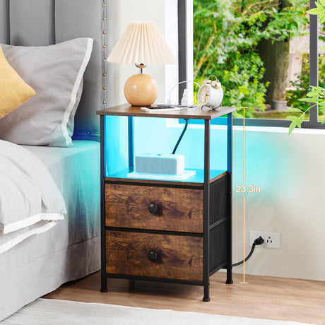 LOAKEKEL Night Stand Set 2, LED Nightstand with Charging Station, End Tables with Storage Shelf, Bedside Table with 2 Fabric Drawers for Bedroom, Small Spaces, Rustic Brown HETS02PBR LOAKEKEL