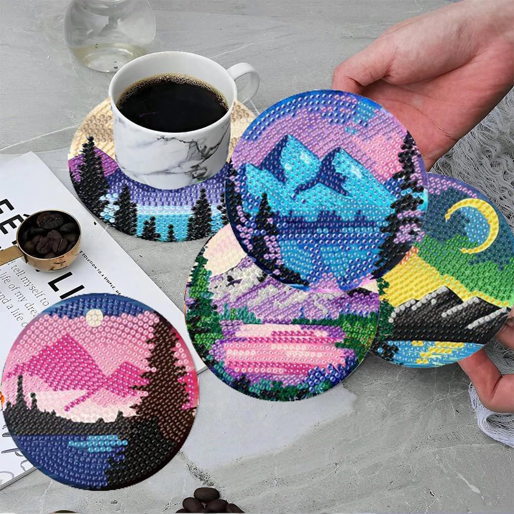 ijbnhd Sunsets Diamond Painting Coasters Kits, 8 Pieces Sunsets Diamond Art Coasters with Holder, DIY Art kit for Beginners 4X4inch (Cork Wooden Pad) ijbnhd