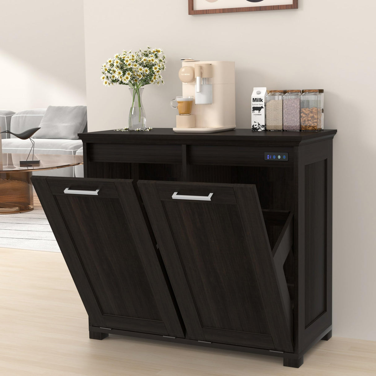 Ymise Tilt Out Trash Can Cabinet, Wooden Trash Cabinet with Deodorising Function, 20 Gallons Freestanding Dog-Proof Garbage Bin Cabinet for Home, Kitchen and Living Room, Dark Brown Ymise