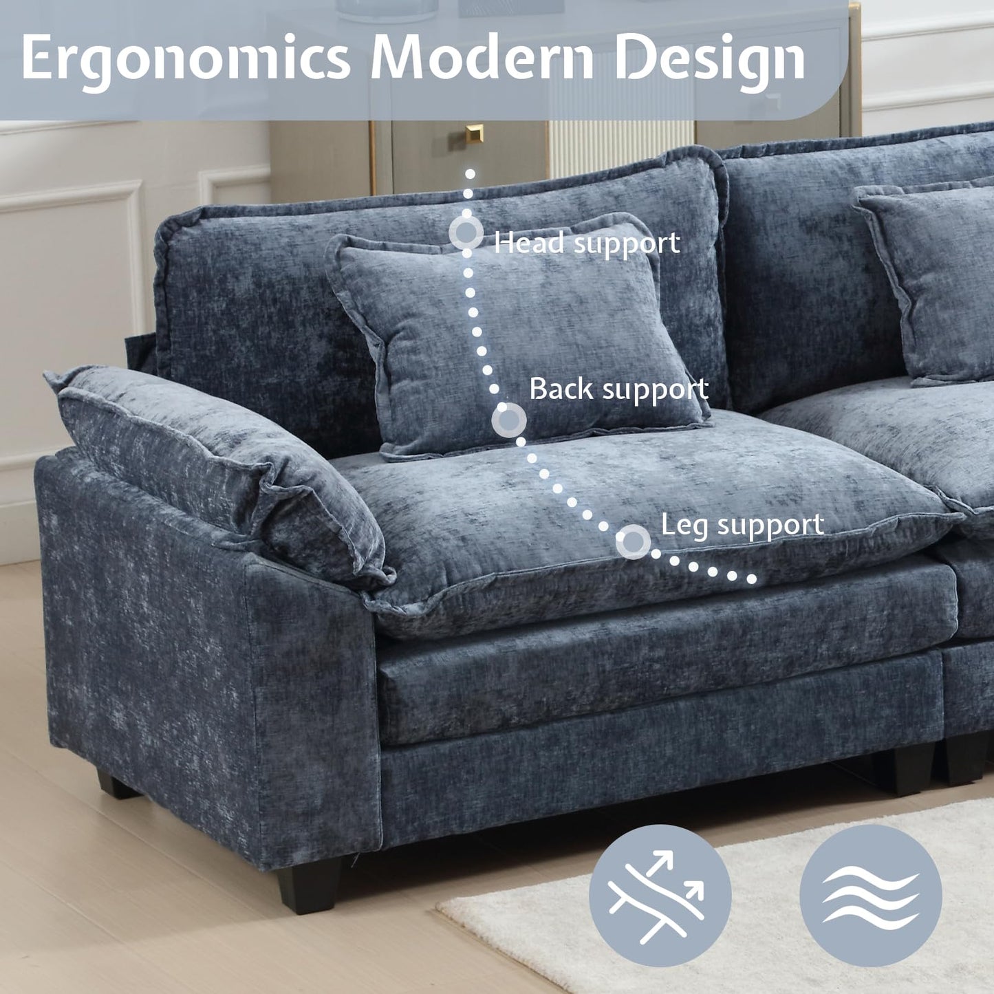 OQQOEE Sectional Sofa Modular Cloud Couch Upholstered Deep Seat Cloud Sofas with Ottoman Comfy Chenille Sofa Sleeper for Living Room,Apartment (Blue, L Shaped-3 Seat & Ottoman)