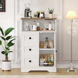 Yoobure LED Storage Cabinet with Doors and Shelves, Farmhouse Coffee Bar Pantry Cabinet with Drawers and Power Outlet, Wood Sideboard for Entryway Bathroom Dining Room Living Room Bedroom, White Yoobure