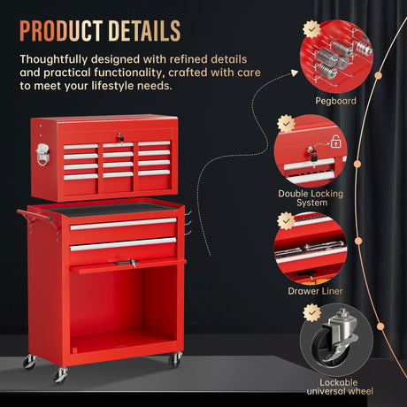 Pataku 8 Drawer Tool Chest with Wheels, 2-in-1 Detachable Rolling Tool Box with Drawers, Large Tool Cart on Lockable Wheels, Metal Tool Cabinet for Garage/Workshop(Red) Pataku