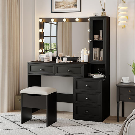 CollaredEagle 43" W Vanity Desk with Mirror & 11 Lights,Modern Makeup Desk with 5 Drawers & Cushioned Stool,3 Lighting Modes Brightness Adjustable,Power Outlet,Bedroom Black CollaredEagle