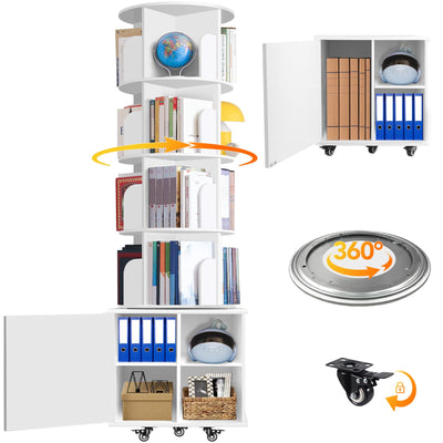 RUNSUNSPRI 6 Tier Rotating Bookshelf Spinning Bookshelf Tower 360° Revolving Bookcase with Storage Cabinet Corner Organizer Storage Round Carousel with Wheels, White