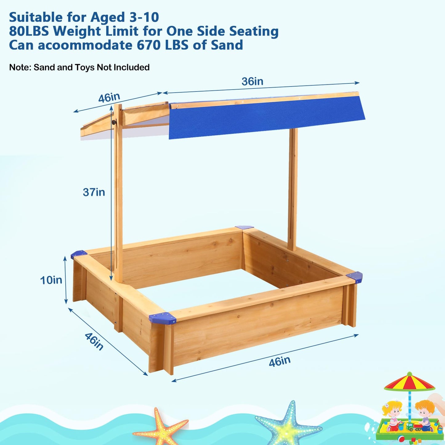 Tatub Kids Sandbox with Cover, Large Outdoor Sandbox with Canopy Height Adjustable, Sand Pit for Backyard Play, Wooden Sand Box for Kids Ages 4-8, for Children - WoodArtSupply