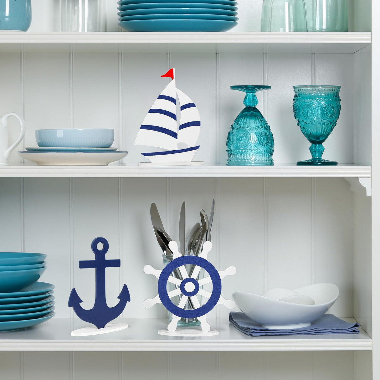 COCHIE Wooden Summer Nautical Decor Set of 3, Double-Sided Anchor Sailboat Tiered Tray Decorations, Wood Cruise Ship Wheel Sign for Tabletop, Home, Desk, Shelf, Party Decoration COCHIE