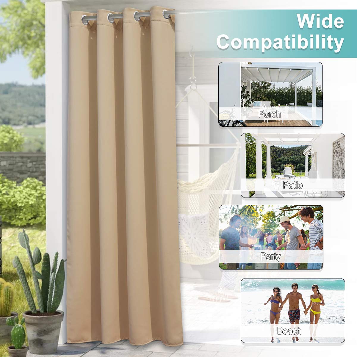 NICETOWN Indoor & Outdoor Curtains for Patio Waterproof, Sunlight Blocking Durable Curtains for Bedroom/Gazebo/Porch/Pavilion, Patio Covers for Shade and Rain, 1 Panel, W52 x L84 inch, Beige