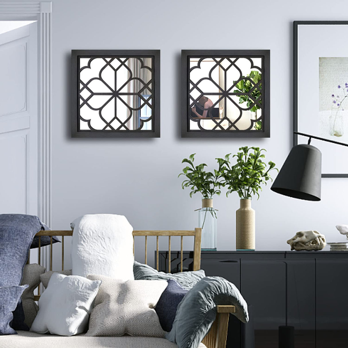 Wocred 2 PCS Square Wall Mirror,Gorgeous Rustic Farmhouse Accent Mirror,Black Entry Mirror for Bathroom Renovation,Bedrooms,Living Rooms and More(12”x12”) Wocred