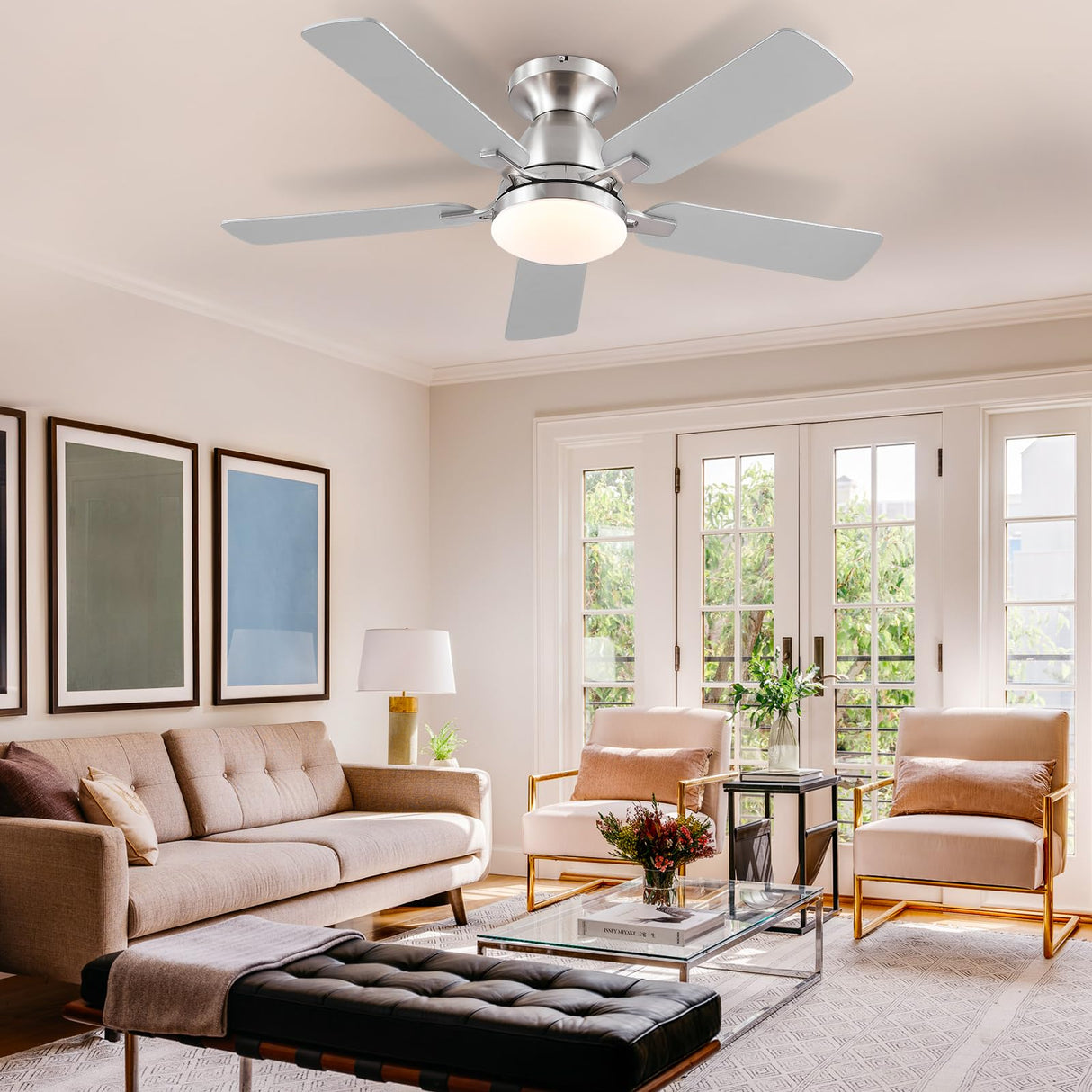 Mpayel Ceiling Fans With Lights and Remote/APP Control,46" Flush Mount Ceiling Fan Dimmable DC Motor，Low Profile Ceiling Fan for Bedroom,Living Room,Brushed Nickel Mpayel