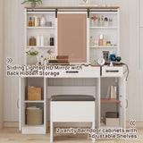 43" Farmhouse Makeup Vanity Desk with Lights and Chair, Vanity Table with Sliding Mirror and Power Strips, 3 Drawers & 2 Cabinets, Open & Hidden Shelves, Stool Included, White Dressing Table amzzar