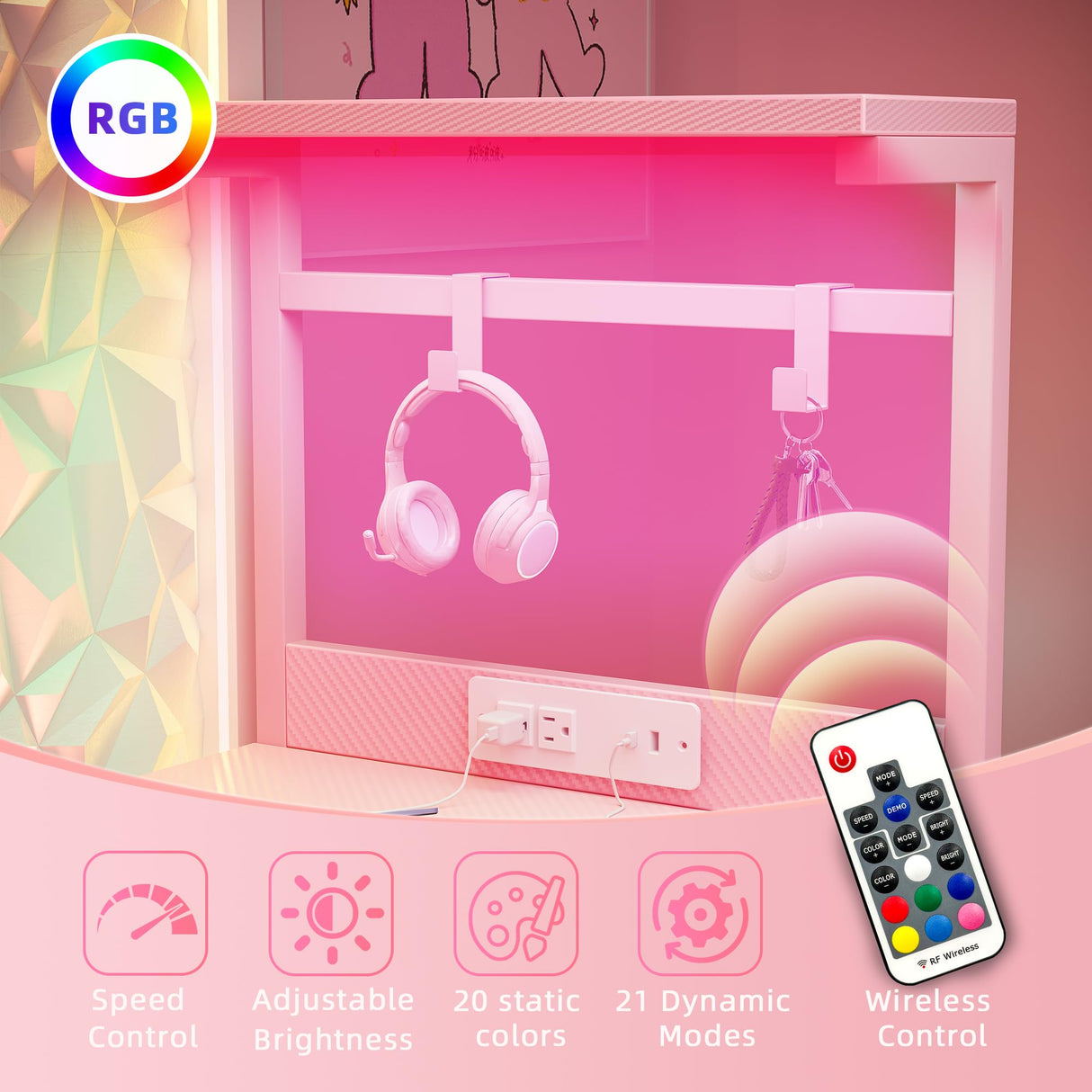 TIQLAB Gaming Desk 40 inch with Power Outlet and LED Light, Computer Desk with Reversible Shelves and Storage Drawer, Small PC Desk for Home Office Table with Bag, Carbon Fiber Pink TIQLAB